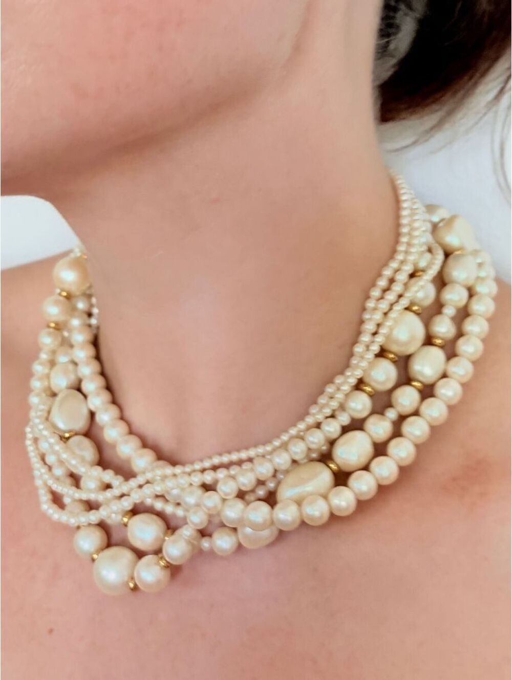 Trifari Multi Strand Pearl Necklace With Gold Beads